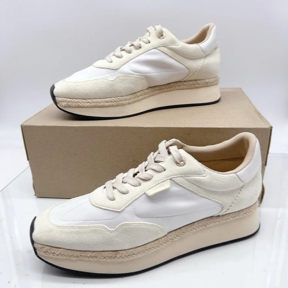 L'Agance Ivone Women's Platform Lace Up Sneakers Casual Shoes White Beige US 10